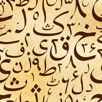Calligraphy Urdu letters on old ancient scroll, abstract seamless pattern
