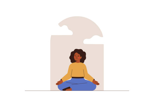 Calm woman meditating near the window for saving mental health. African American female relaxing in lotus posture. vector art illustration
