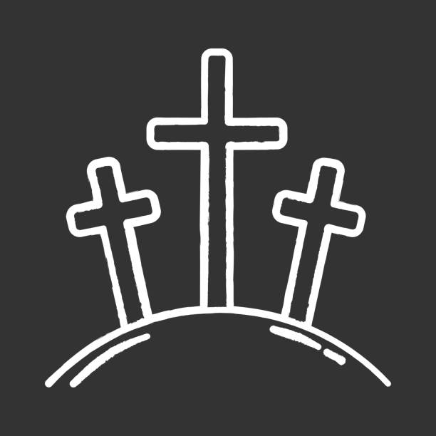 Calvary hill chalk icon. Three crosses at Golgotha mountain. Crucifixion of Jesus Christ. Good Friday. New Testament. Bible narrative. Christian symbol. Isolated vector chalkboard illustration  drawing of the good friday stock illustrations