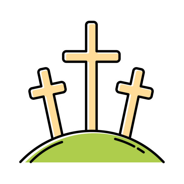 Calvary hill color icon. Three crosses at Golgotha mountain. Crucifixion of Jesus Christ. Good Friday. New Testament. Bible narrative. Christian symbol. Isolated vector illustration Calvary hill color icon. Three crosses at Golgotha mountain. Crucifixion of Jesus Christ. Good Friday. New Testament. Bible narrative. Christian symbol. Isolated vector illustration religious cross clipart stock illustrations