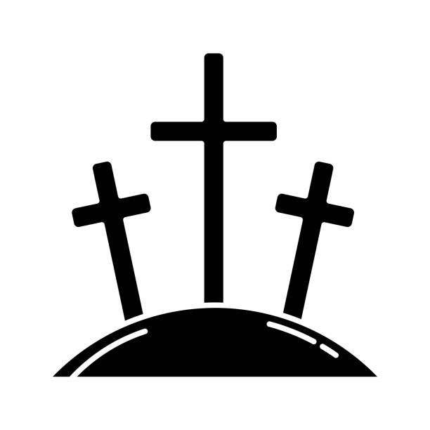 Calvary hill glyph icon. Three crosses at Golgotha mountain. Crucifixion of Jesus Christ. Good Friday. New Testament. Bible narrative. Silhouette symbol. Negative space. Vector isolated illustration Calvary hill glyph icon. Three crosses at Golgotha mountain. Crucifixion of Jesus Christ. Good Friday. New Testament. Bible narrative. Silhouette symbol. Negative space. Vector isolated illustration religious cross clipart stock illustrations