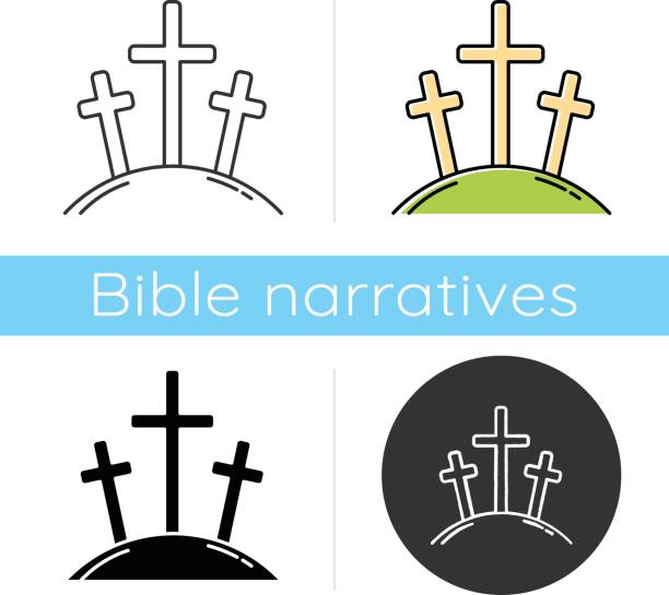 Calvary hill icon. Three crosses at Golgotha mountain. Crucifixion of Jesus Christ. Good Friday. New Testament. Bible narrative. Flat design, linear and color styles. Isolated vector illustrations  drawing of the good friday stock illustrations
