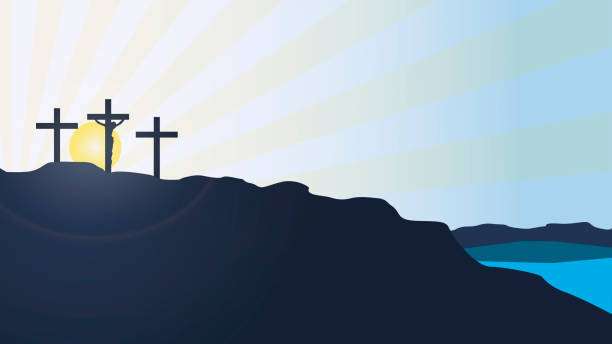 Calvary mountain sunset vector background with silhouette of Christ Vector background Cross of silhouette on the background of the sunset of the mountain of Calvary. Concept of Easter religious cross silhouettes stock illustrations