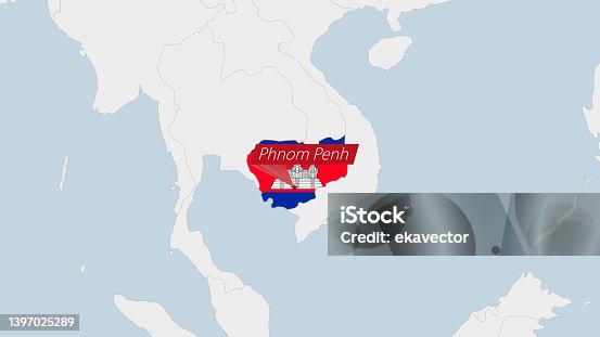 istock Cambodia map highlighted in Cambodia flag colors and pin of country capital Phnom Penh. 1397025289
