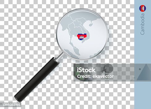 istock Cambodia map with flag in magnifying glass on transparent background. 1349353191