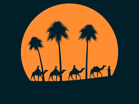 Camel caravan against sunset. Palm trees on the background of the sun. Vector illustration