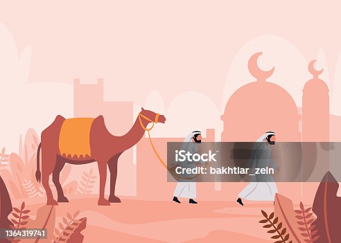 istock Camel in desert man Arabic cartoon travel in sahara sand muslim walking together in caravan 1364319741
