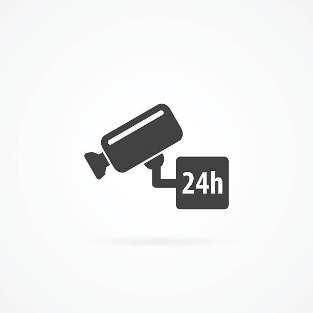 CCTV camera and 24h text simple icon vector art illustration