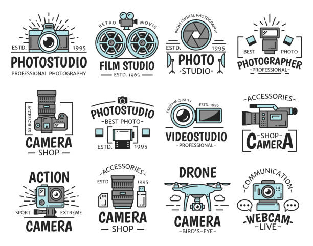 Camera and movie projector. Photo and film studio Photo and film studio icons with digital and video camera, lens, flash and movie projector, shutter and cinema film reel isolated vector symbols of photography and video production emblems design drone borders stock illustrations