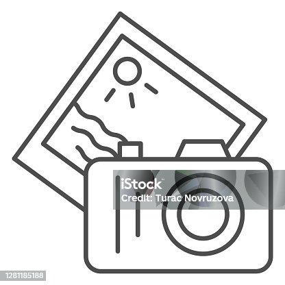 istock Camera and summer photo thin line icon, Sea cruise concept, Photo shooting sign on white background, camera with memory card icon in outline style for mobile concept, web design. Vector graphics. 1281185188