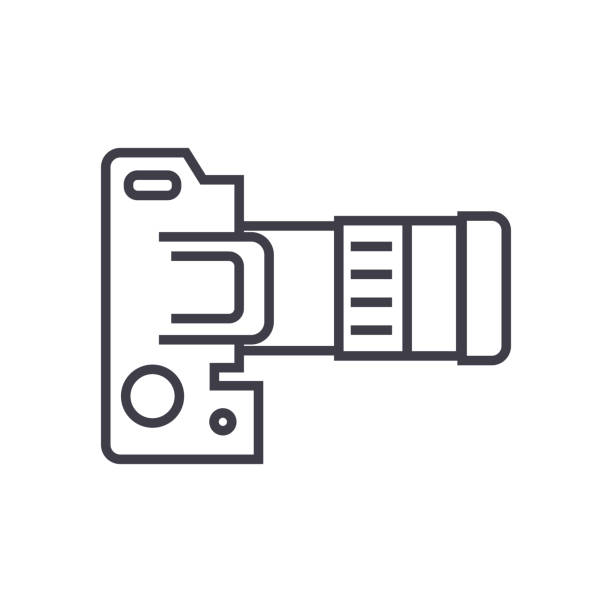 camera dslr, top view vector line icon, sign, illustration on background, editable strokes camera dslr, top view vector line icon, sign, illustration on white background, editable strokes dslr camera stock illustrations
