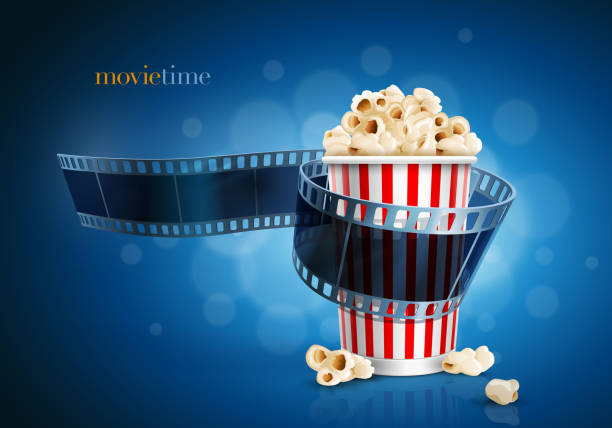 Camera film strip and popcorn. Camera film strip and popcorn on blue defocus background. Detailed vector illustration. Elements are layered separately in vector file. EPS10. movie clipart stock illustrations