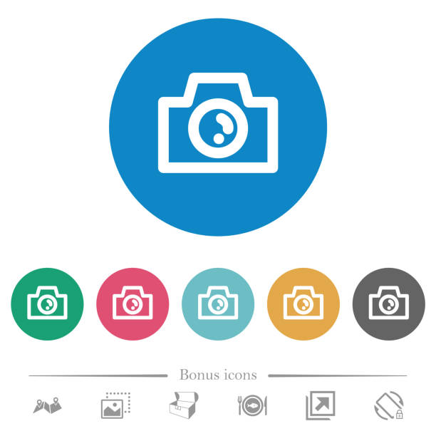 Camera flat round icons Camera flat white icons on round color backgrounds. 6 bonus icons included. machinery photos stock illustrations