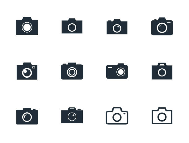 camera icons set, photo camera sign vector illustration photo camera flat icon set symbol photos stock illustrations