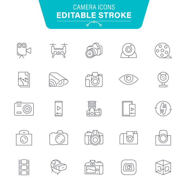 Camera Icons Smartphone, Devices, Movie, Drone, Movie Camera, Editable Stroke Icon Set drone borders stock illustrations