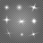 Camera light. Star twinkle vector glow, sparkle highlight. Flashlight accent isolated on transparent background. Glint effect, bright christmas glitter. Fun magic explosion pack