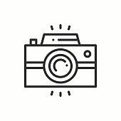 istock Camera line outline icon. Photo camera, photo gadget, instant photo. Snapshot photography sign. Vector simple linear design. Illustration. Flat symbols. Thin element 663587392