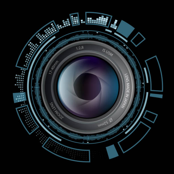 Camera photo lens with HUD interface. Camera photo lens with HUD interface. Stock vector illustration. movie camera stock illustrations