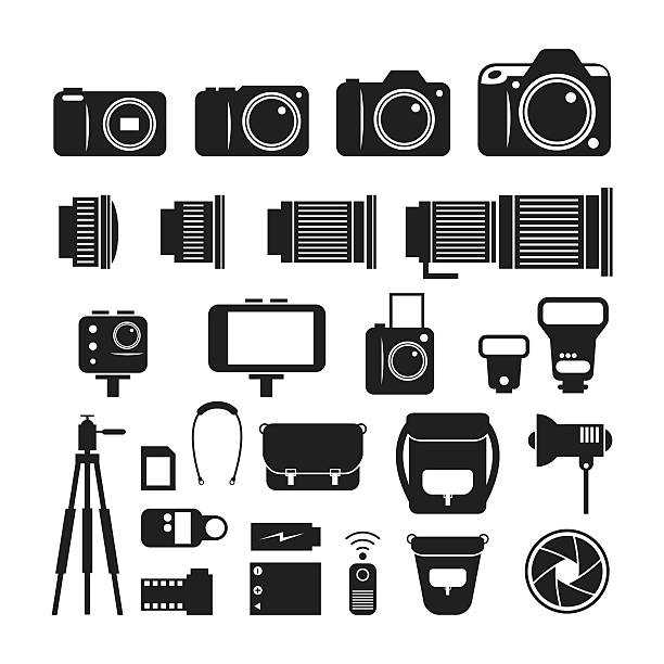 Camera, Photography Mono Icons Set Types, Lens, Equipment and Accessories dslr camera stock illustrations