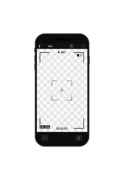 ilustrações de stock, clip art, desenhos animados e ícones de camera record on screen. cam frame with interface in phone for photo and 4k video. viewfinder, focus, grid, zoom in mobile for videography and snapshot. template smartphone with ui of display. vector - smartphone filming