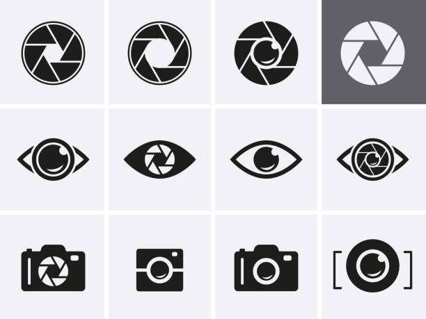 Camera Shutter, Lenses and Photo Camera Icons set. Camera Shutter, Lenses and Photo Camera Icons set. Photography logo, camera icon Vector eye silhouettes stock illustrations