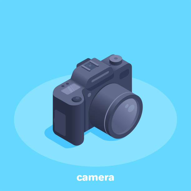 camera isometric vector illustration on blue background, camera icon three dimensional photos stock illustrations