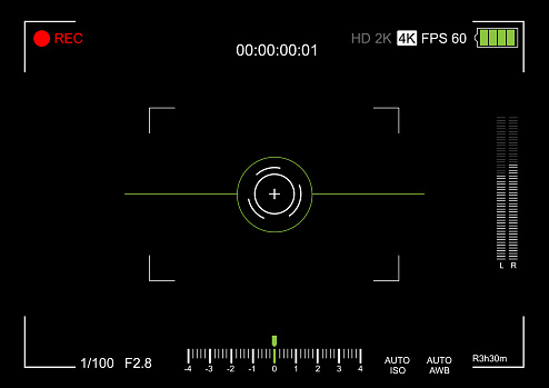 Camera viewfinder. Viewfinder camera recording. Video screen on a black background. vector illustration