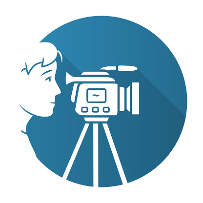 カメラマンブルーフラットデザイン長い影のグリフアイコンビデオ録画撮影ビデオグラファーカメラ付きオペレータービデオジャーナリスト記者映画製作業界ベクトルシル アイコンのベクターアート素材や画像を多数ご用意 Istock
