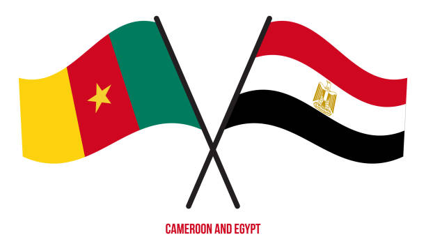 cameroon and egypt flags crossed and waving flat style. official proportion. correct colors. - cameroon 幅插畫檔、美工圖案、卡通及圖標