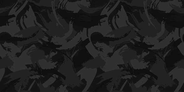 Camouflage with strokes and splashes shape, seamless texture, Camo pattern. Military black wallpaper for textile and fabric.