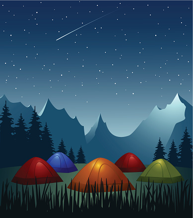 Camp - colorful illuminated tents in the mountains at night