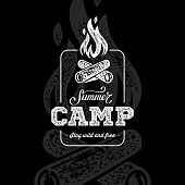 Summer camp sign with a fire. Vector illustration.