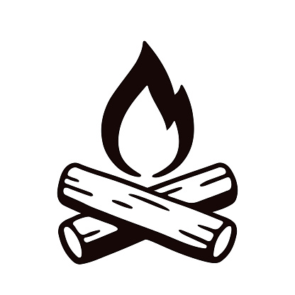Campfire hand drawn vector illustration, retro style hand drawn icon. Crossed logs and cartoon fire flame.