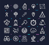 Camping activities at night outline style symbols on dark background. Line vector icons set for infographics, mobile and web designs.