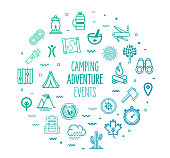 Camping adventure events outline style symbols on modern gradient background. Line vector icons for infographics, mobile and web designs.