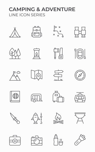 Camping And Adventure Editable Stroke Icons vector art illustration