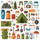 Mountain hike elements. Autumn forest camping set. Hiking equipment and gear vector icon collection. Mountains, tent, binoculars, campfire, barbecue, flashlight, lantern, camera. Tourist camp tools.