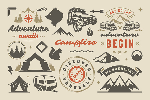 Camping and outdoor adventure design elements set, quotes and icons vector illustration. Mountains, wild animals and other. Good for t-shirts, mugs, greeting cards, photo overlays and posters