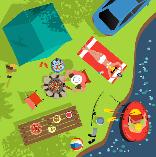 水辺でのキャンプ - グランピング点のイラスト素材／クリップアート素材／マンガ素材／アイコン素材