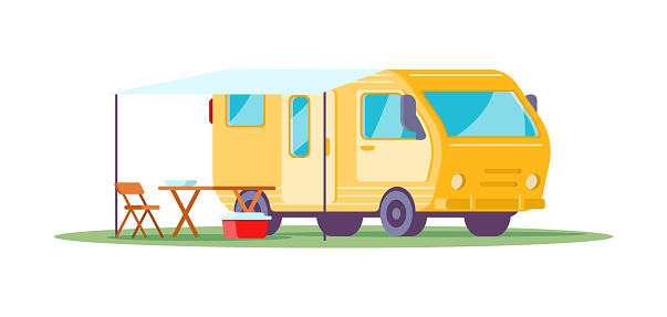 Camping bus caravan halt with tent and furniture for eating road trip recreation isometric vector