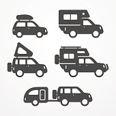 Set of camping car icons. Travel car symbols in silhouette style. Camping cars vector stock illustration. Car, SUV and pickup with camping equipment.