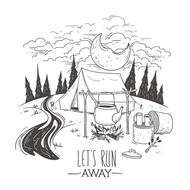 Camping Doodle Illustration Doodle illustration on a camping with a tent. Night in forest view. Vector drawing. river drawings stock illustrations