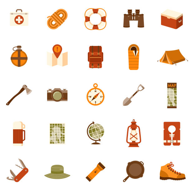 Camping Flat Design Icon Set A set of 25 camping and outdoor adventure flat design icons on a transparent background. File is built in the CMYK color space for optimal printing. Color swatches are Global for quick and easy color changes. adventure clipart stock illustrations