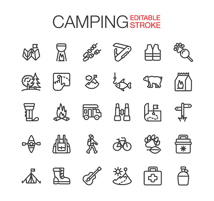 Camping icons set. Editable stroke. Thin line vector icons.
