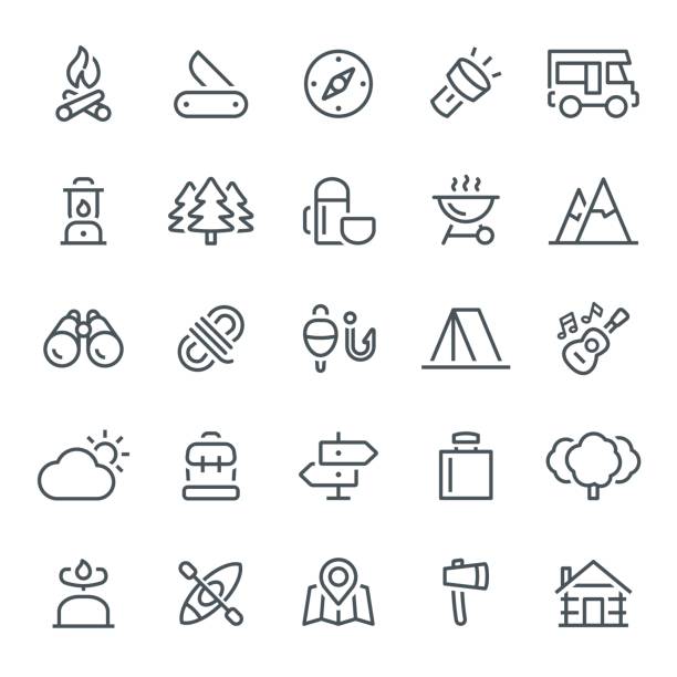 Camping Icons Camping, hiking, tourism, icons, outdoor, fishing, forest, bonfire, travel adventure icons stock illustrations