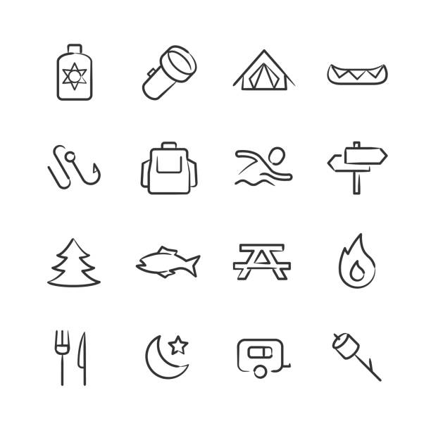 Camping Icons—Sketchy Series Professional icon set in sketch style. Vector artwork is easy to colorize, manipulate, and scales to any size. simple fish drawings stock illustrations