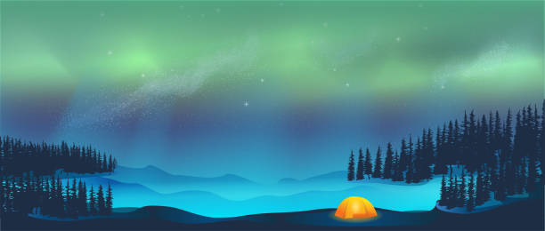 stockillustraties, clipart, cartoons en iconen met camping in tent under aurora borealis northern lights in snow - northern light