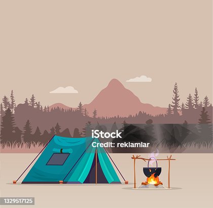 istock Camping in the mountains. Camping with a tent, a Mount and a bonfire against the backdrop of a mountain landscape. Vector, cartoon illustration. 1329517125
