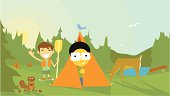 An illustration of a camping scene at sunrise. A boy pokes his head out from a tent, another holds a paddle, wildlife are everywhere and two other people head towards the lake with a canoe.