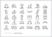 Set of 30 camping line icons for travel in nature by tent, canoe or RV
